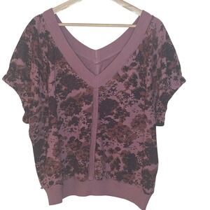 Pilcro Womens L Floral Print V Neck Short Sleeve Sweatshirt Top Pink Brown